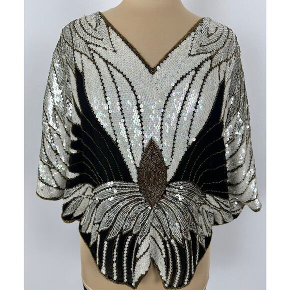 VTG Showmax One Size 100% Silk Sequined Top Art to Wear Black Whimsygoth Rave - Picture 1 of 8